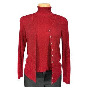 Petite Sophisticate Red Sparkle Knit Turtleneck Sleeveless Top & Cardigan Set 5P